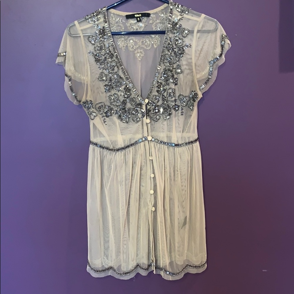 Beige Sheer Button up shirt with Grey detailing